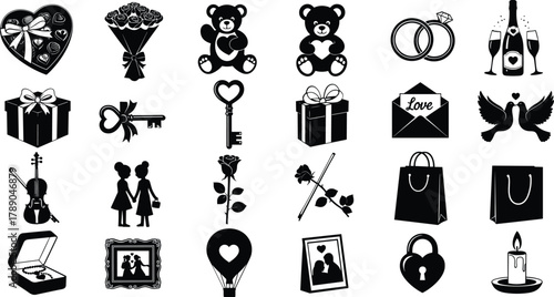 Romantic love symbols and objects for valentine's day design set isolated on white background, Vector, illustration