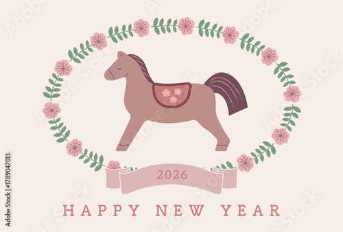 2026年年賀状テンプレート/ピンクのリボンとお花の北欧風デザイン・横