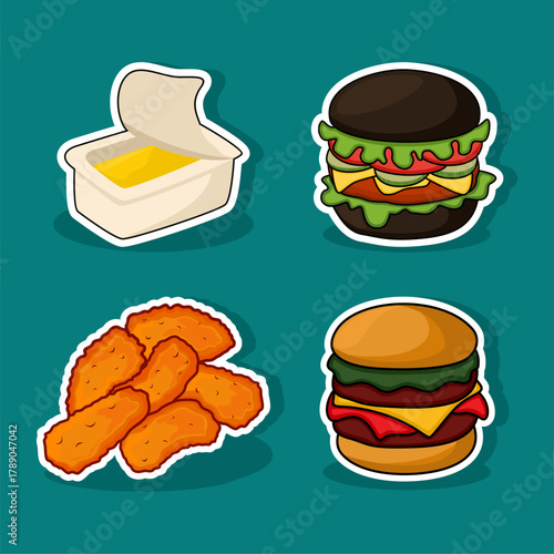 Assortment of Fast Food Stickers on Blue Background
