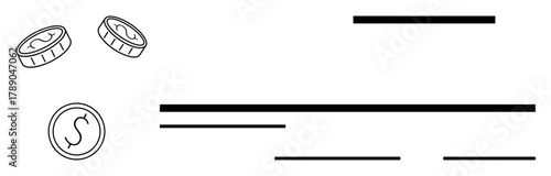 Coins with S mark beside abstract horizontal lines symbolizing transactions, money flow. Ideal for finance, banking, investment, ecommerce, payment, savings, income concepts simple flat metaphor