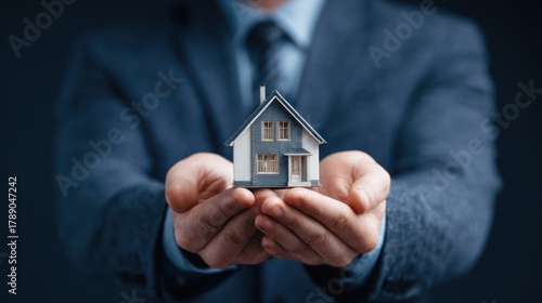 Businessman holds small model house in cupped hands against dark background.