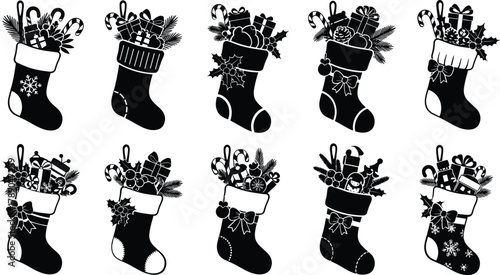 Set of christmas stockings with gifts and festive decorations isolated on white background, Vector, illustration