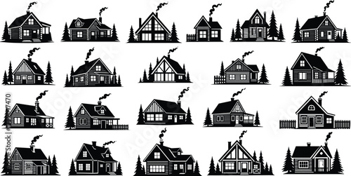 Rustic log cabin and house silhouettes, cozy homes with smoke isolated on white background, Vector, illustration
