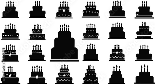 Set of various birthday cakes with candles for celebration designs isolated on white background, Vector, illustration