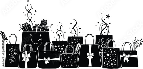 Shopping bags and gift boxes with stars and bows for celebrations isolated on white background, Vector, illustration