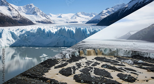 Detailed landscape showing parallel glacier ridges, crevasses, and rocky moraine patterns that reveal the raw texture of a retreating ice field.