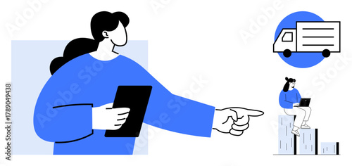 Person holding tablet points while overseeing logistics shown by truck icon, with another person on stacked files using a laptop. Ideal for teamwork, logistics, planning, management, business
