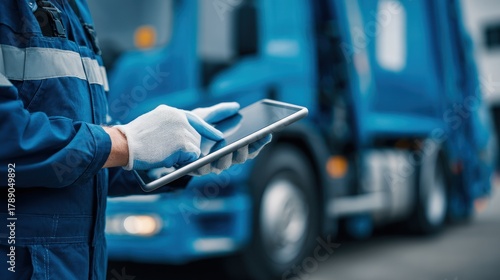 Worker in blue uniform uses tablet near large blue truck