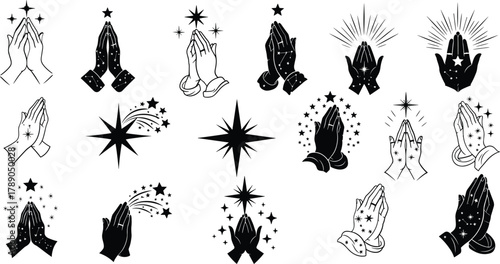 Spiritual hand gestures with stars, faith, hope, and wishes art. isolated on white background, Vector, illustration