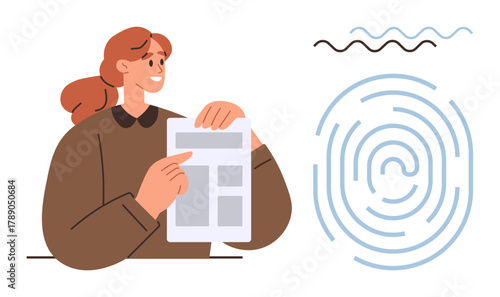 Woman holding and examining a document alongside a fingerprint graphic, symbolizing security, privacy, and identity verification. Ideal for biometrics, data protection, authentication, legal