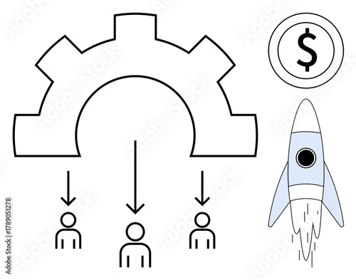 Gear distributing tasks to individuals, rocket symbolizing innovation, dollar sign for financial success. Ideal for teamwork, efficiency, innovation, growth, leadership, technology simple flat