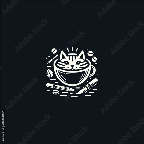 Cat coffee logo template vector illustration design