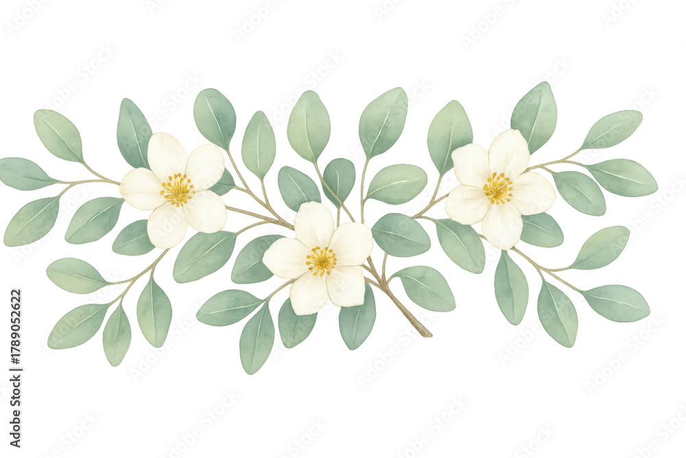 Fototapeta premium Watercolor floral border with delicate white flowers and green leaves creating a botanical arrangement on transparent background
