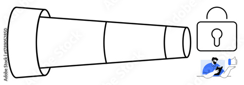 Telescope signifies exploration, padlock symbolizes security, user with mobile device hints at digital safety. Ideal for research, discovery, privacy, cybersecurity, technology, future vision
