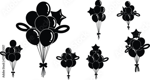 Various balloon bunches with star shapes and bows silhouette set isolated on white background, Vector, illustration