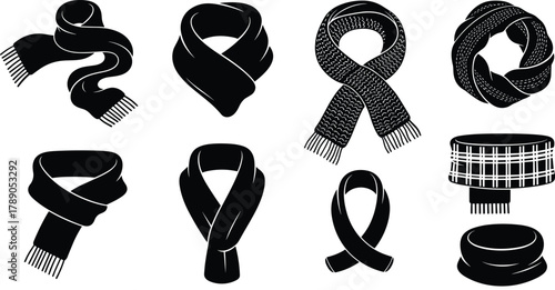 Various winter scarves and neckwear fashion accessory set icons isolated on white background, Vector, illustration