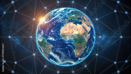 A stunning digital depiction of Earth, showcasing its continents, oceans, and a network of connections highlighting global interaction and technology.