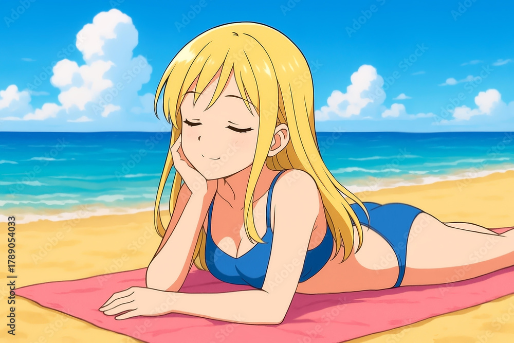 Obraz premium Blondynka w niebieskim bikini leży na plaży na brzuchu, z głową opartą na dłoni i zamkniętymi oczami. Cyfrowo zilustrowana dziewczyna o blond włosach w niebieskim bikini leży na plaży na brzuchu.