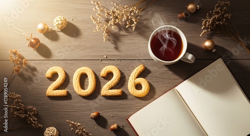 2026 New Year cookies with tea and a notebook on a wooden table