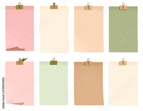 Set of pastel sticky notes. Eight pastel colored papers with clips in soft pink, beige, green, and brown tones.