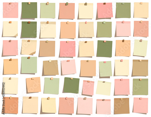A set of pastel colored square papers clipped at the top with small binder clips or sticky notes in various shades of pink, green, beige, and brown, arranged neatly in a grid pattern.