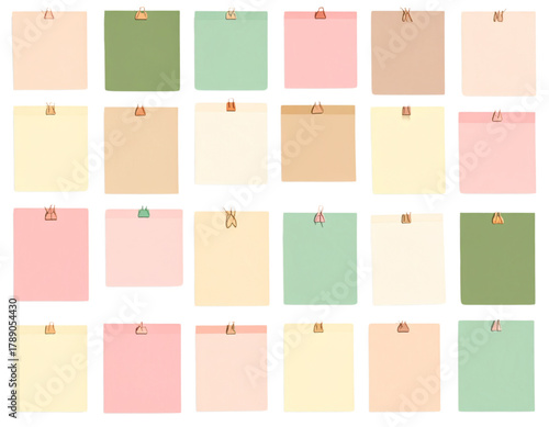 A set of pastel colored square papers clipped at the top with small binder clips or sticky notes in various shades of pink, green, beige, and brown, arranged neatly in a grid pattern.
