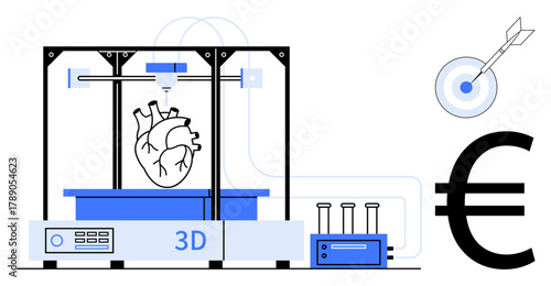 3D printer creating detailed heart lab equipment, euro currency sign, target with arrow. Ideal for healthcare, technology, innovation, research, finance biotechnology medical visuals. Simple flat