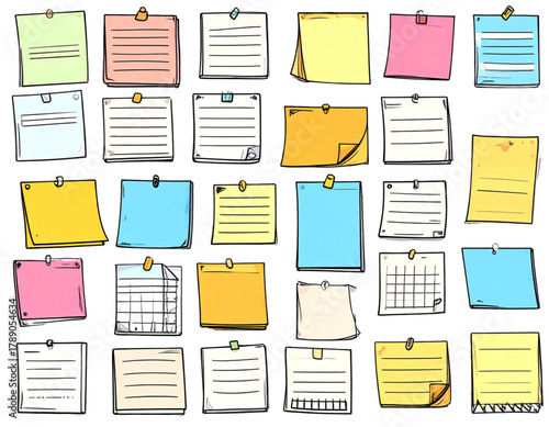 A colorful collection of sticky notes and paper sheets pinned and taped to a wall, showcasing different shapes, colors, and styles for reminders and messages.