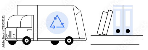 Recycling truck with eco-friendly logo alongside organized document files on a desk. Ideal for sustainability, waste management, minimalism, organization, eco-business, green initiatives, simple flat