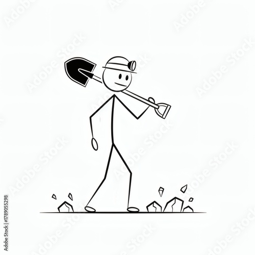 Stick figure miner with shovel on shoulder and headlamp walking through rocky terrain, representing mining, exploration, and hard work with a simple, cartoonish style