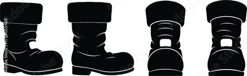 Winter holiday boots black silhouette set with different views isolated on white background, Vector, illustration