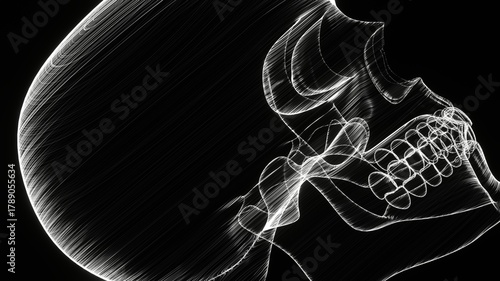 A holographic skull with a wireframe design. 
Perfect for futuristic, sci-fi, or dark-themed visuals.