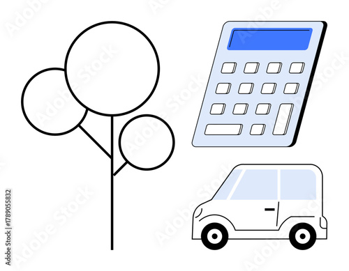 Tree with circular shapes, a calculator with a blue screen, and a compact car. Ideal for business, environment, transportation, education, finance sustainability and technology. Simple flat