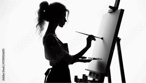 Black and white illustration of a silhouette of a female artist who holds a brush and palette in her hands and paints a picture at an easel. Vector graphics. EPS.