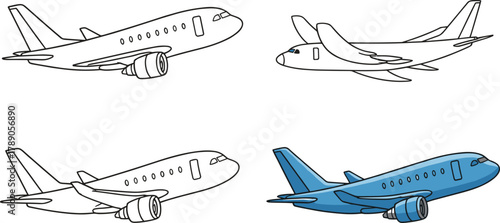 Airplane illustration grid, black and white sketch, colored aircraft, commercial jet, design stages, aviation art, blueprint, realistic rendering