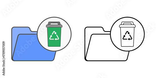 File declutter bin icon featuring a folder with a small recycle bin beside it. Ideal for digital cleanup, storage management, and file organization concepts.
