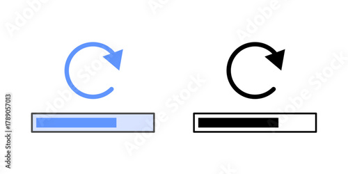 Progress bar reset icon showing a half-filled loading bar with a refresh symbol above it. Perfect for update cycles, data refresh actions, and system progress reset visuals.