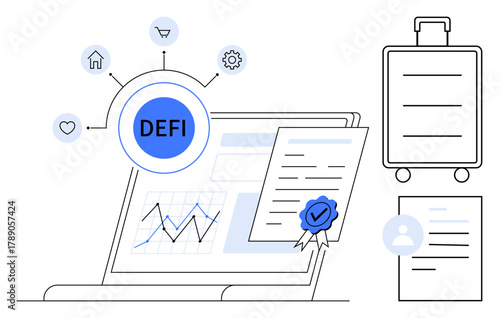 Laptop with DEFI, analytics graph, connected smart contract, suitcase, and document icons. Ideal for finance, blockchain, investment analytics security technology innovation. Simple flat metaphor