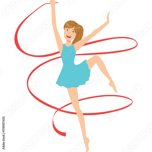 Young Woman Performing Gymnastics With Red Ribbon In A Dynamic Pose Wearing A Blue Leotard On A Transparent Background