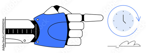 Robotic hand pointing toward a clock indicating time. Ideal for technology, robotics, automation, productivity, time management, innovation, and efficiency. Simplistic flat metaphor