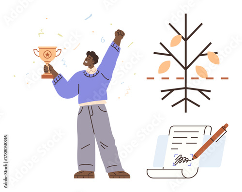 Person celebrating with a trophy, symbolic tree showing growth milestones, signed contract. Ideal for success, goal-setting, achievement, growth, completion, motivation simple flat metaphor