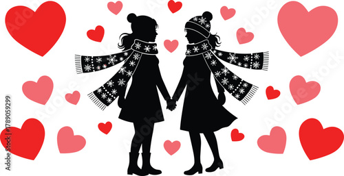 Winter scene with two women holding hands surrounded by hearts isolated on white background, Vector, illustration