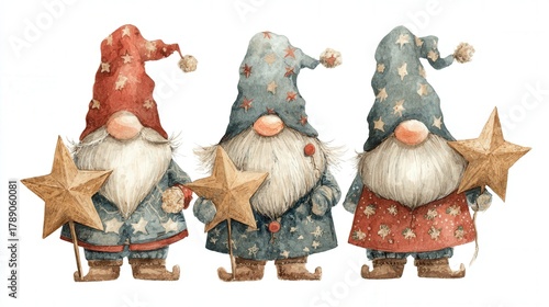 group of Christmas gnome men, holding a star ornament, watercolor festive style, solid white background  