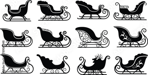 Assorted classic christmas sleigh vector silhouettes collection isolated on white background, Vector, illustration