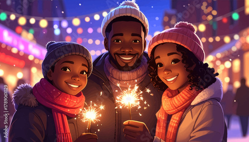 African family celebrating winter night with joy. Smiling parents and child holding sparklers happily. Festive lights and warm family moments together. Joyful winter evening with sparkling happiness