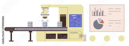 Factory conveyor carrying goods under robotic machinery beside operational analytics dashboard. Ideal for manufacturing process, automation, industrial technology, productivity, innovation