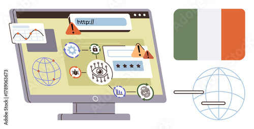 Computer screen with warning icons representing cybersecurity issues, global activity, Ireland flag, and data charts. Ideal for internet safety, online risks, cybercrime, global security, technology