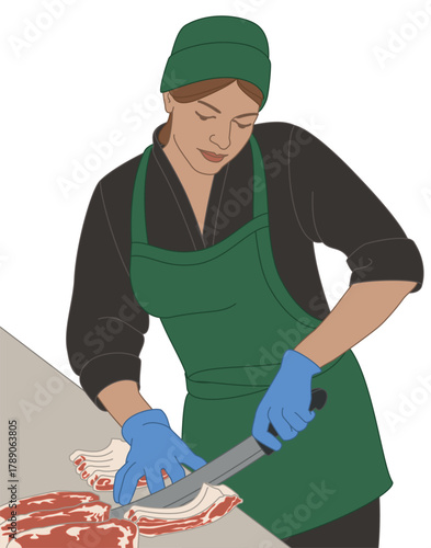 people food, female butcher cutting meat at the counter isolated on a white background
