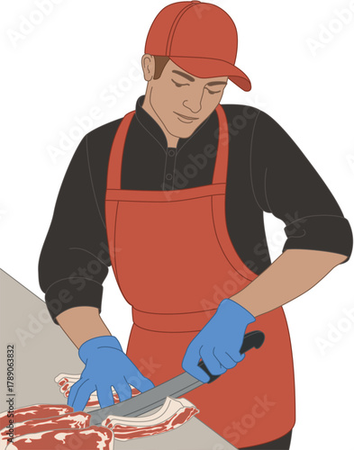 people food, male butcher cutting meat at the counter isolated on a white background