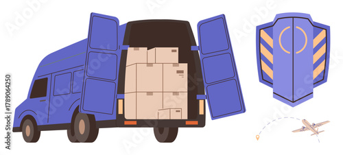 Open delivery van carrying stacked boxes, shield emblem representing logistics security, airplane with pin tracing route. Ideal for delivery, shipping, logistics, transportation, e-commerce, safety